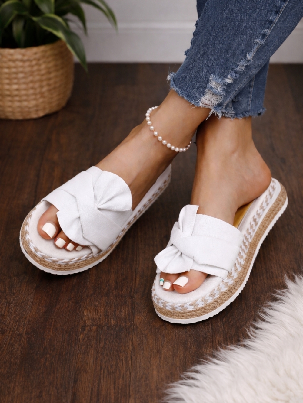 White Bowknot Platform Espadrille Non slip Slides Size 8